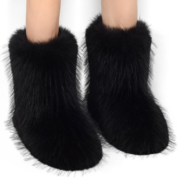 ⚡Women's Black Faux Fur Warm Boot Furry Short Snow Boot Mid Calf Boots - Picture 2 of 7